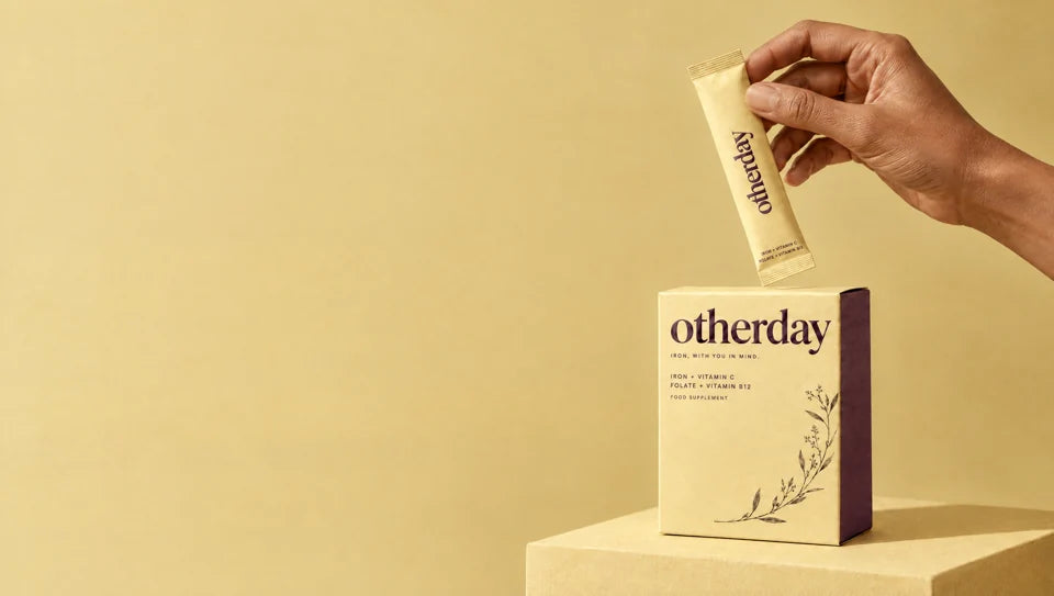 Otherday iron gel sachet and carton against a butter-yellow backdrop